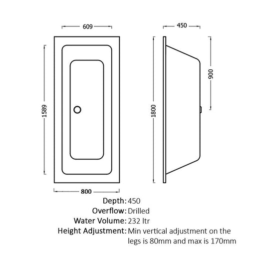 Abacus Series 2 Double-Ended Bath 1800x800 Square A+ c/w LegSet - VEBA-10-1010