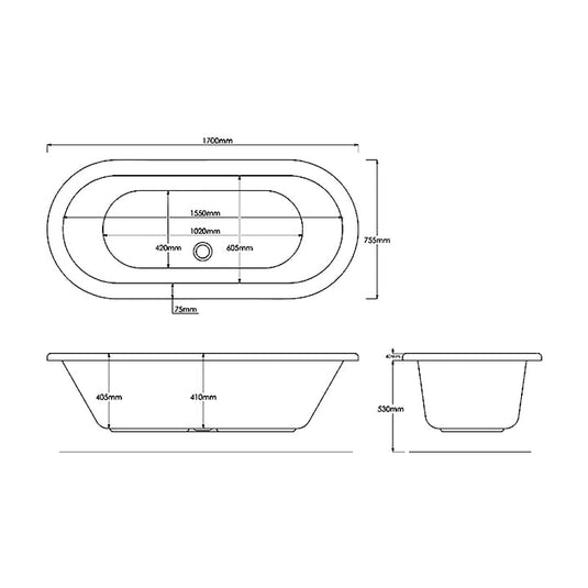 Abacus Vessini 1700x755 Freestanding bath with Black Panel - VEBA-21-1775