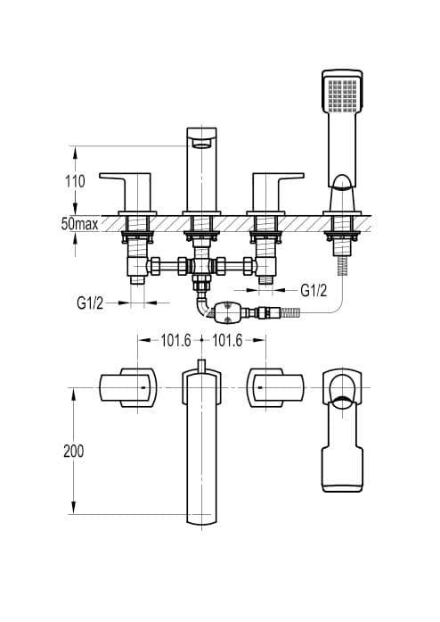 Flova Dekka 4 Hole Deck Mounted Bath Shower Mixer Tap with Pull Out Handset DE4HBSM - Bathroom Shack