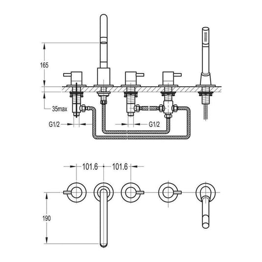 Flova Levo 5 Hole Deck Mounted Bath Shower Mixer Tap with Pull Out Handset LV5HBSM - Bathroom Shack