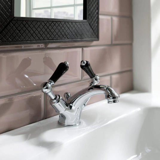 JTP Grosvenor Basin Mixer Tap with Pop Up Waste Lever Handle - Chrome/Black - Bathroom Shack