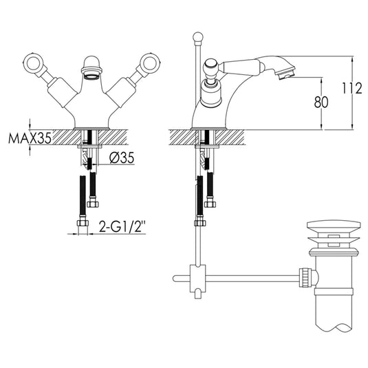 JTP Grosvenor Basin Mixer Tap with Pop Up Waste Lever Handle - Chrome/Black - Bathroom Shack