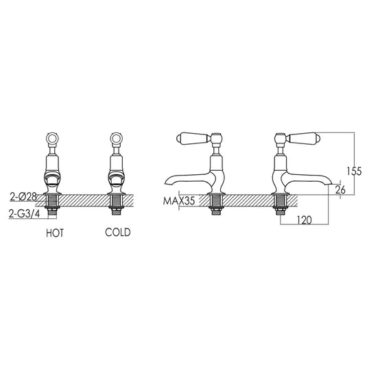 JTP Grosvenor Long Nose Basin Taps Pair Lever Handle - Chrome/White - Bathroom Shack