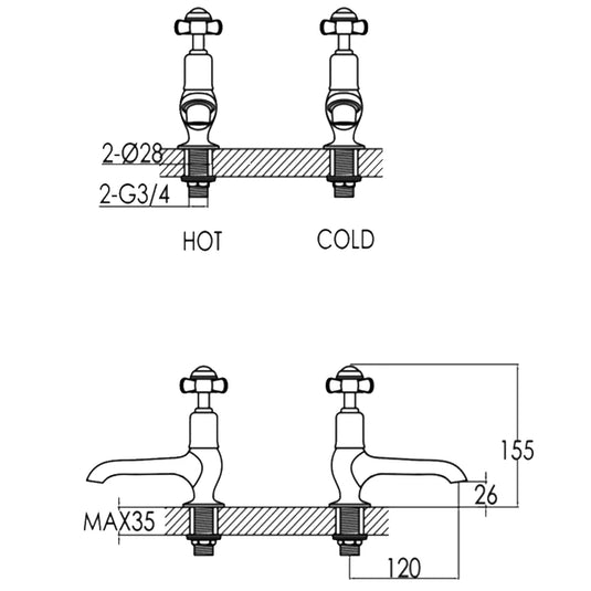 JTP Grosvenor Long Nose Basin Taps Pair Pinch Handle - Chrome/White - Bathroom Shack
