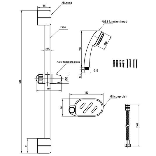 JTP Jet Slider Rail Kit Single Function Handset - Chrome - Bathroom Shack