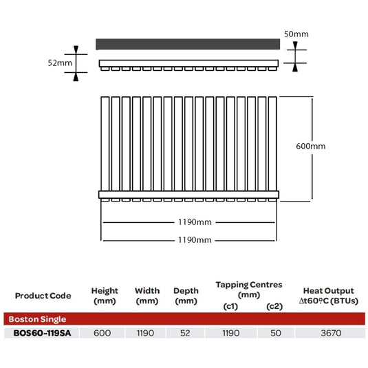 Kartell Boston Single Designer Horizontal Radiator 600mm H x 1190mm W - Anthracite - Bathroom Shack