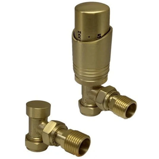Kartell K-Design Thermostatic Angled Radiator Valves Pair - Brushed Brass - Bathroom Shack