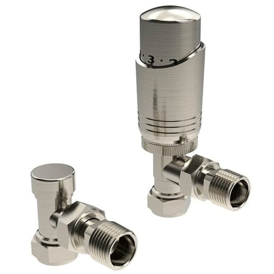 Kartell K-Design Thermostatic Angled Radiator Valves Pair - Brushed Nickel - Bathroom Shack