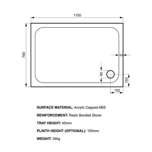 Kudos Kstone 1100 x 760mm Rectangular Shower Tray - White - Bathroom Shack
