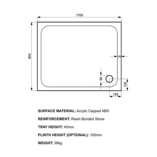Kudos Kstone 1100 x 900mm Rectangular Shower Tray - White - Bathroom Shack