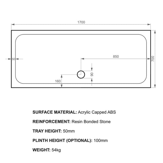 Kudos Kstone 1700 x 700mm Anti-slip Rectangle Shower Tray - White - Bathroom Shack