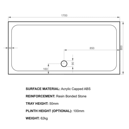 Kudos Kstone 1700 x 800mm Anti-slip Rectangle Shower Tray - White - Bathroom Shack