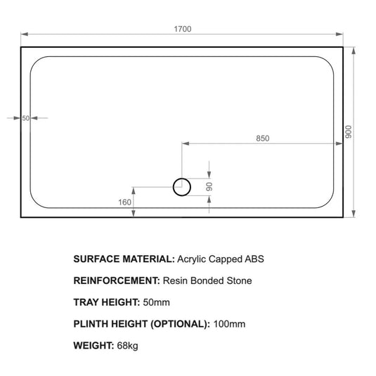 Kudos Kstone 1700 x 900mm Anti-slip Rectangle Shower Tray - White - Bathroom Shack