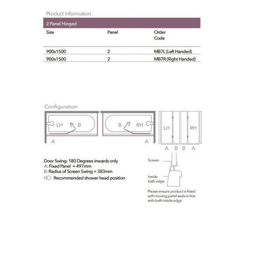 Merlyn Ionic 900 x 1500mm 2 Panel Hinged Bath Screen (RH) - MB7R - Bathroom Shack