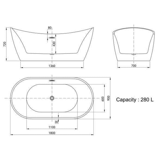 Oceana Cardigan 1800mm Freestanding Double Ended Bath - Bathroom Shack
