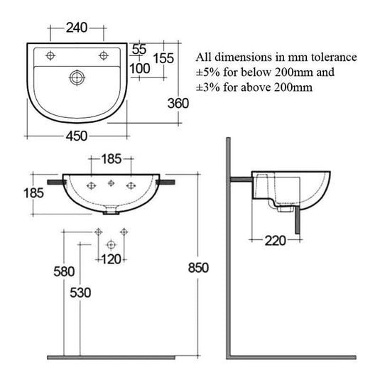 RAK Ceramics Compact 45cm Semi Recessed Basin - 2 Tap Holes - Alpine White - CO2901NCHAWHA - Bathroom Shack