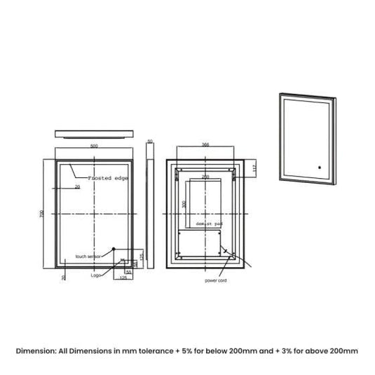 RAK Ceramics Picture Square 500 x 700mm LED Illuminated Mirror - Matt Black - RAKPICSQMB5001 - Bathroom Shack