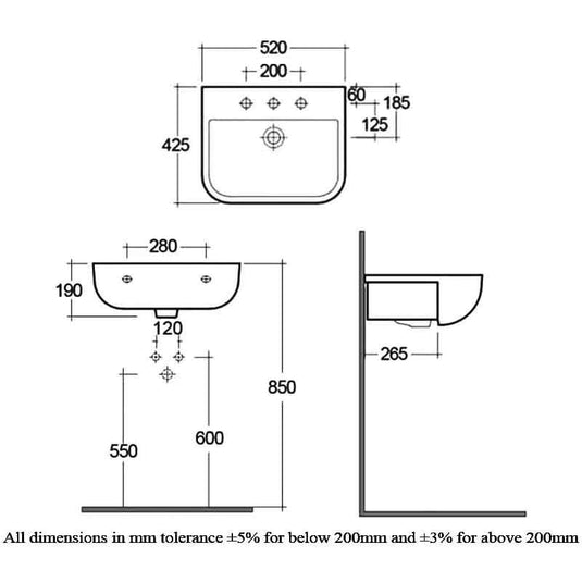 RAK Ceramics Series 600 52cm Semi Recessed Basin - 1 Tap Hole - SE0904AWHA - Bathroom Shack