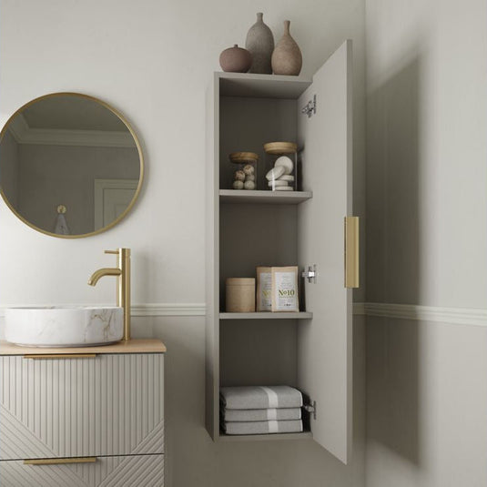 Ruby Bear 350mm Wall Hung 1 Door Tall Unit - Matt Oat - RUBY108509 - Bathroom Shack