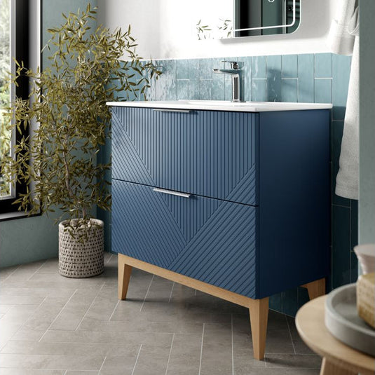 Ruby Bear 610mm Floor Standing 2 Drawer Basin Unit & Maple Oak Effect Worktop - Matt Smoke Blue - RUBY108502 - Bathroom Shack