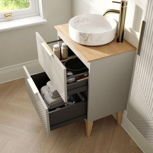 Ruby Bear 615mm Floor Standing 2 Drawer Basin Unit & Basin - Matt Oat - RUBY108497 - Bathroom Shack