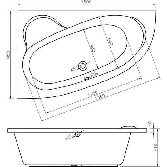 Ruby Brody 1500x950x600mm 0TH Offset Corner Bath w/Legs (LH) - RUBY105672 - Bathroom Shack