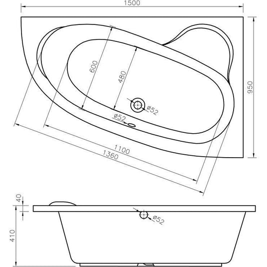 Ruby Brody 1500x950x600mm 0TH Offset Corner Bath w/Legs (RH) - RUBY105673 - Bathroom Shack