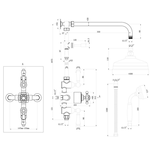 Ruby Brody Traditional Exposed Two Outlet Shower Valve w/Riser Kit & Overhead - Chrome - RUBY105885 - Bathroom Shack