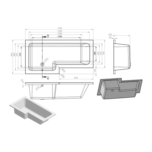 Ruby Gunner L Shape SUPERCAST 1700x850x560mm 0TH Shower Bath Pack (LH) - RUBY105605 - Bathroom Shack
