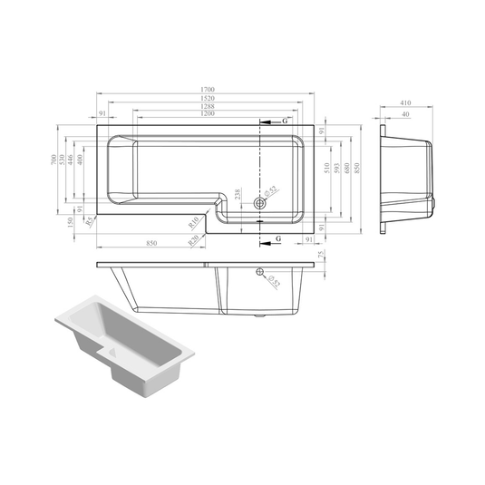 Ruby Gunner L Shape SUPERCAST 1700x850x560mm 0TH Shower Bath Pack (RH) - RUBY105606 - Bathroom Shack