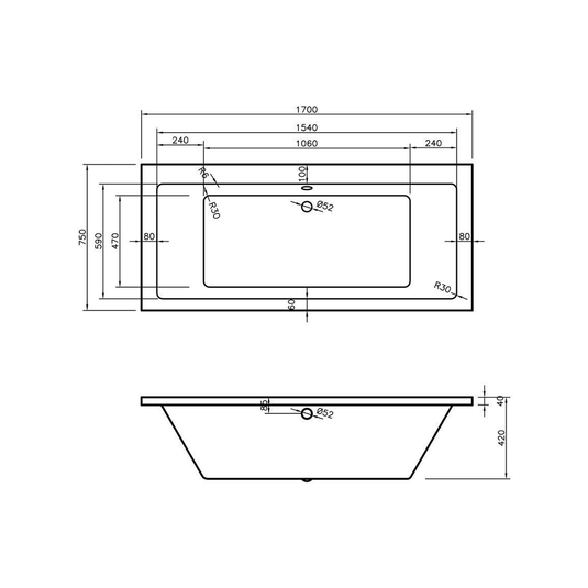 Ruby Gunner Square Double End 1700x750x550mm 0TH Bath w/Legs - RUBY105652 - Bathroom Shack