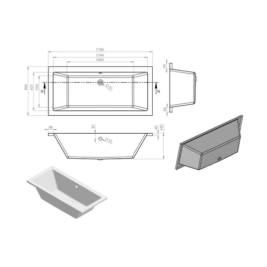 Ruby Gunner Square Double End 1700x800x550mm 0TH Bath w/Legs - RUBY105653 - Bathroom Shack