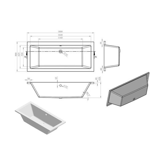 Ruby Gunner Square Double End 1800x800x550mm 0TH Bath w/Legs - RUBY105654 - Bathroom Shack