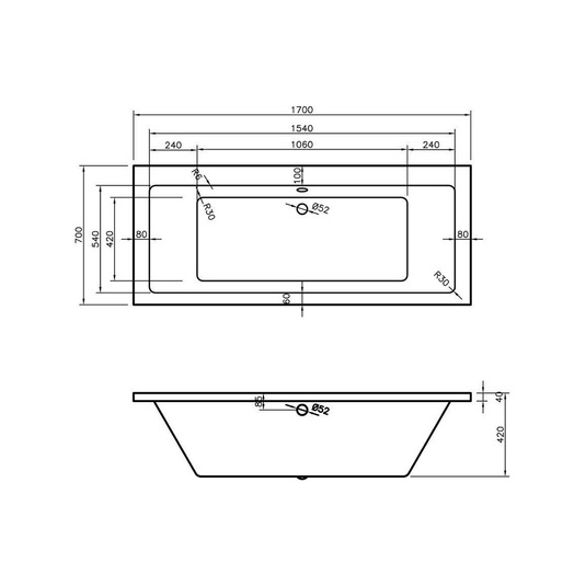 Ruby Gunner Square Double End SUPERCAST 1700x700x550mm 0TH Bath w/Legs - RUBY105656 - Bathroom Shack