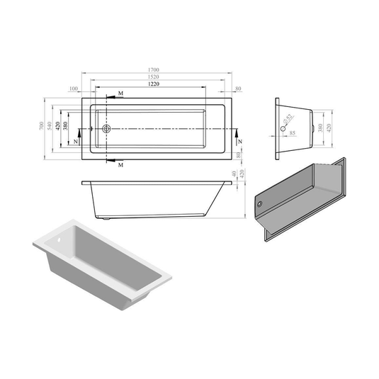 Ruby Gunner Square Single End SUPERCAST 1700x700x550mm 0TH Bath w/Legs - RUBY105625 - Bathroom Shack