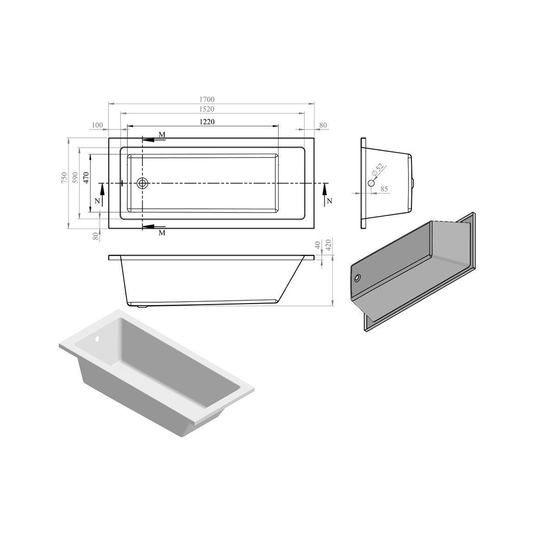 Ruby Gunner Square Single End SUPERCAST 1700x750x550mm 0TH Bath w/Legs - RUBY105626 - Bathroom Shack