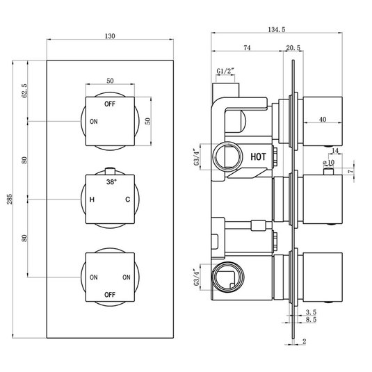 Ruby Hazel Thermostatic Three Outlet Triple Shower Valve - Chrome - RUBY105846 - Bathroom Shack