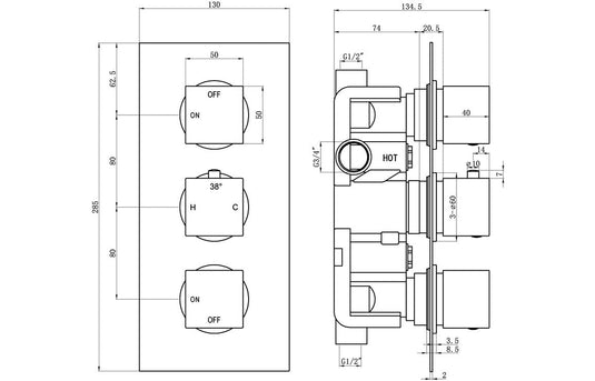 Ruby Hazel Thermostatic Two Outlet Triple Shower Valve - Chrome - RUBY105845 - Bathroom Shack