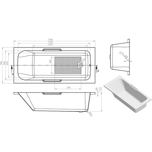 Ruby Holly Gripped SUPERCAST 1700x700x550mm 0TH Bath w/Legs - RUBY105617 - Bathroom Shack