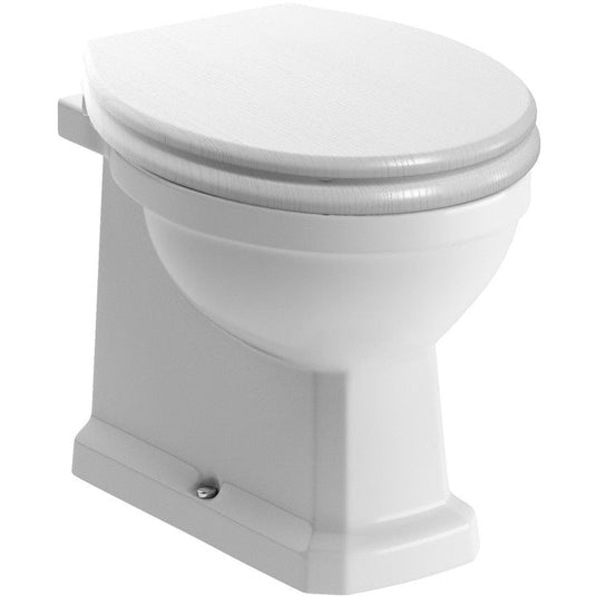 Ruby Ivy Back To Wall WC & Satin White Wood Effect Seat w/Brushed Brass Finishes - RUBY108453 - Bathroom Shack