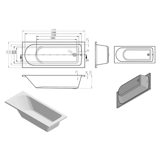 Ruby Kilo D Shape Single End 1700x700x550mm 2TH Bath w/Legs - RUBY105639 - Bathroom Shack