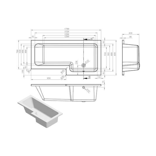 Ruby L-Shape 1700x700-850x410mm 0TH Shower Bath Panel & Screen (RH) - RUBY2960 - Bathroom Shack