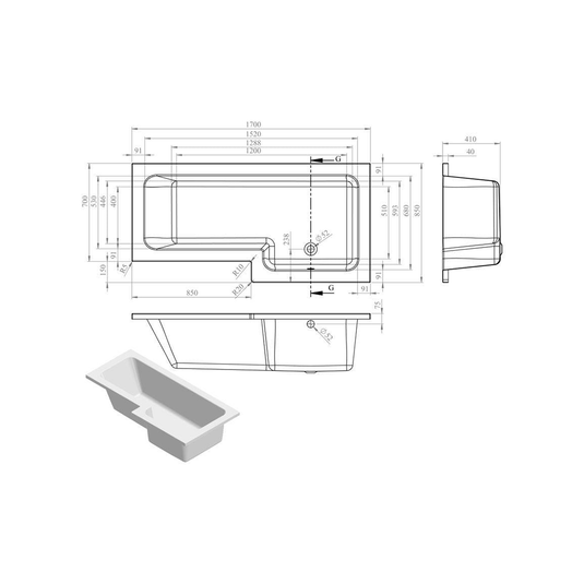 Ruby L-Shape Single End 1700x700-850x410mm 0TH Bath Only (RH) - RUBY103899 - Bathroom Shack
