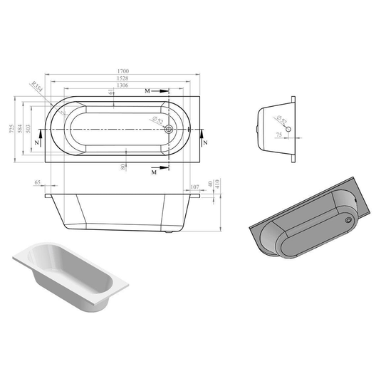 Ruby Levi J Shape 1700x725x600mm 0TH Bath w/Legs (LH) - RUBY105663 - Bathroom Shack