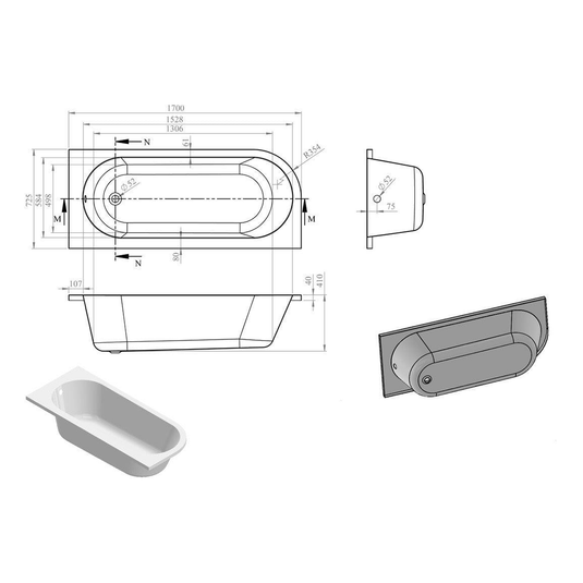 Ruby Levi J Shape 1700x725x600mm 0TH Bath w/Legs (RH) - RUBY105664 - Bathroom Shack
