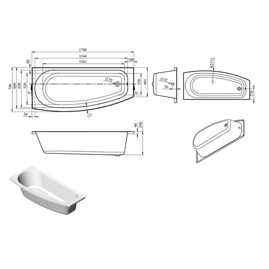 Ruby Loki Space Saving 1700x740x560mm 0TH Bath w/Legs (LH) - RUBY105659 - Bathroom Shack