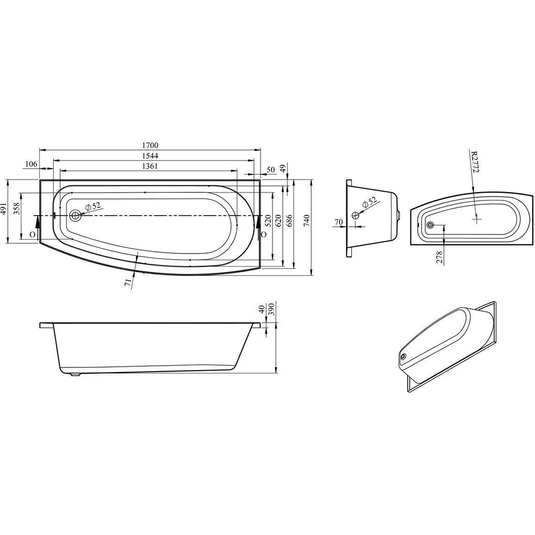 Ruby Loki Space Saving 1700x740x560mm 0TH Bath w/Legs (RH) - RUBY105660 - Bathroom Shack