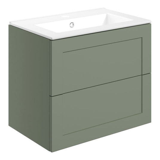 Ruby Mocha 615mm Wall Hung 2 Drawer Basin Unit & Basin - Matt Reed Green - RUBY108518 - Bathroom Shack