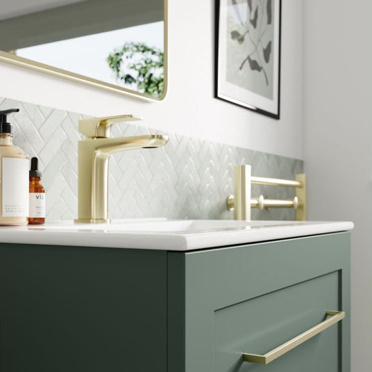 Ruby Mocha 615mm Wall Hung 2 Drawer Basin Unit & Basin - Matt Reed Green - RUBY108518 - Bathroom Shack
