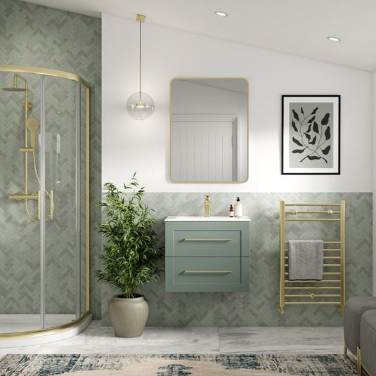 Ruby Mocha 615mm Wall Hung 2 Drawer Basin Unit & Basin - Matt Reed Green - RUBY108518 - Bathroom Shack